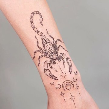 Scorpion tattoo located on the forearm, traditional