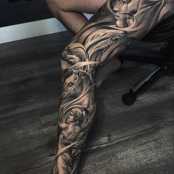 Abstract blackwork botanical leg sleeve ...